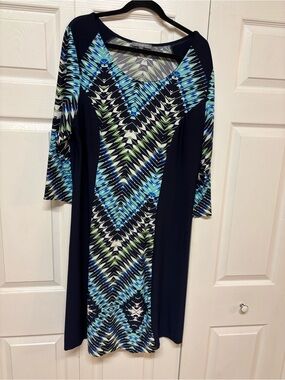 Ny Collection Navy Blue & Aqua Patterned Women's Stretch Knit Dress